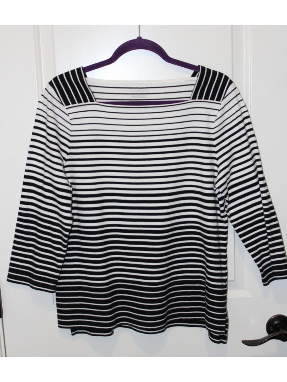 Talbots's Size L Square Neck Black/White Striped Shirt 3/4 Sleeve 100% Cotton
